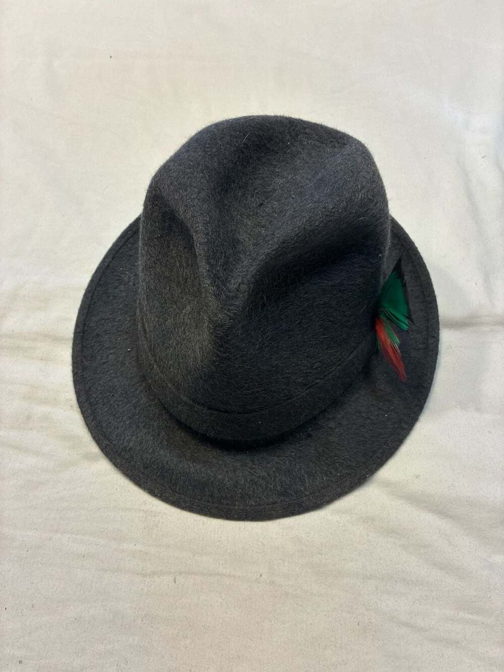 Vintage Borsalino Charcoal Grey Fur Felt Fedora Hat with Feather Detail